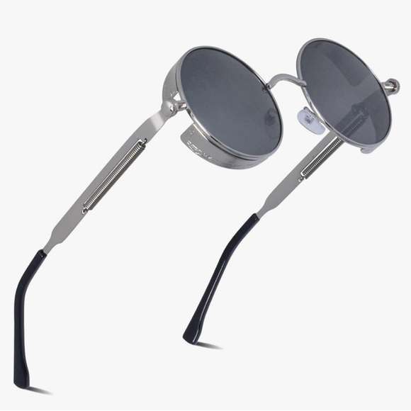 Retro Round Steampunk Silver Metallic Sunglasses UV400 Men & Women Bikercore - Picture 8 of 15